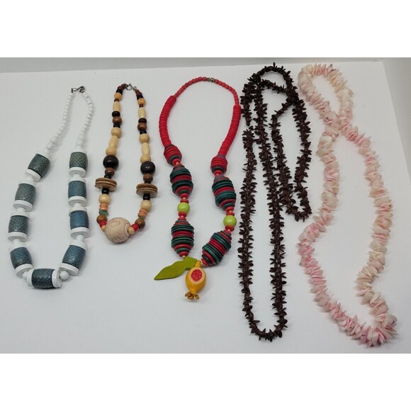 Unbranded Jewelry - 5 Vtg Wood & Seashell Tropical Fashion Beaded Necklace lot Handmade Layered Boho